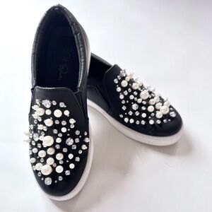 Black Faux Leather Slip On Loafers Embellished with Faux Pearls and Rhinestones